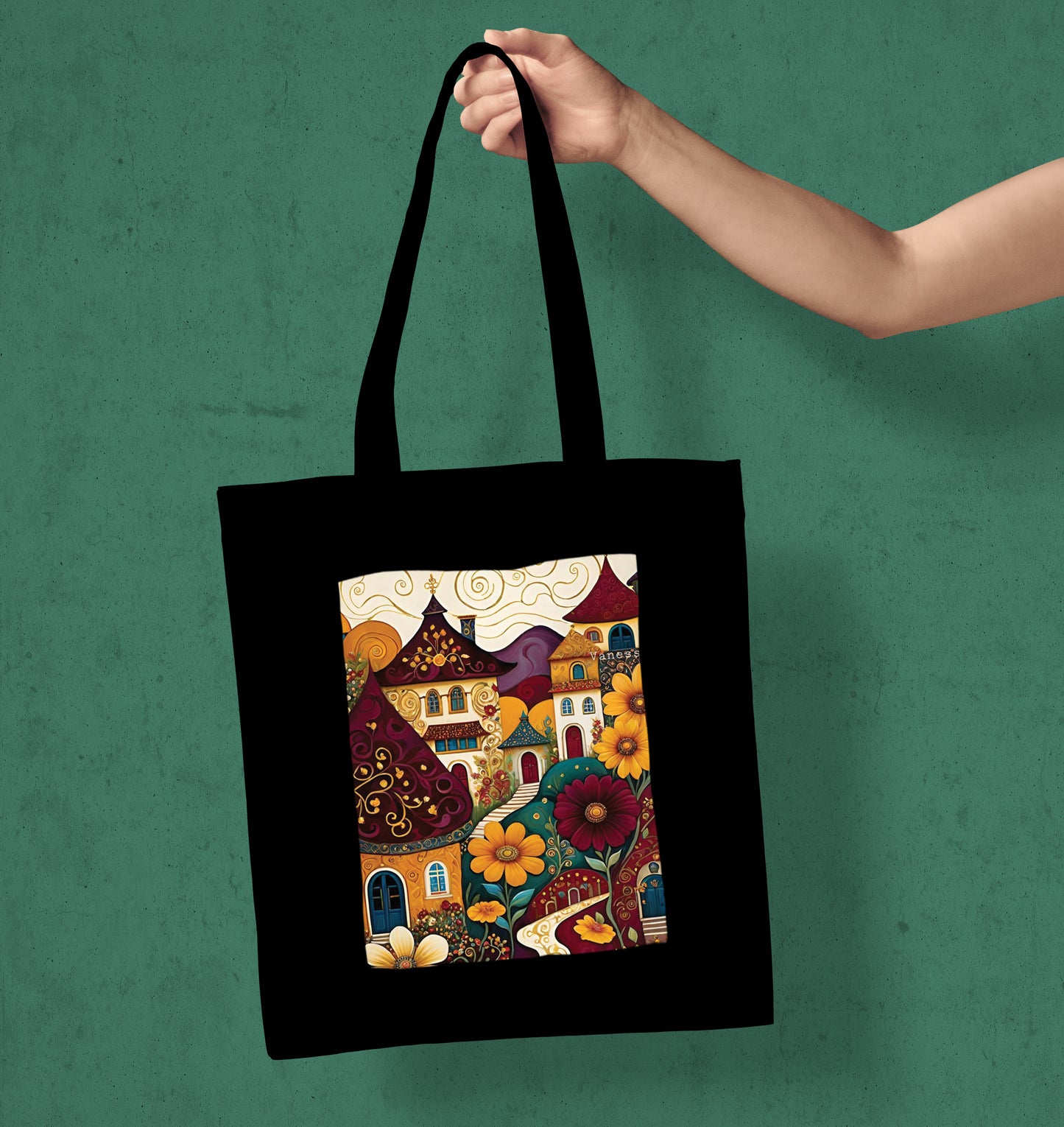 France city Art Design Printed Black Patch With Pocket Tote Bag (14 X 16 Inches) For Shopping, College, Travel