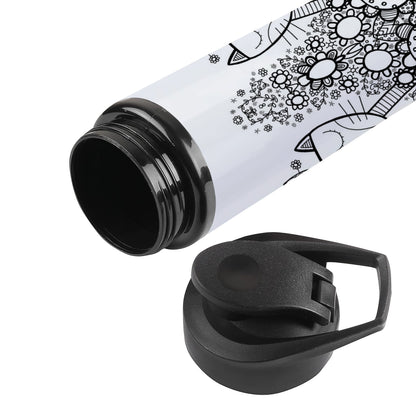 Black in white doodle art cat and birds Printed Eagle Shape Water Bottle 750 ml For Gym, Yoga, Kids, Boys, Girls, Brother, Sister, Babies, Baby, Workout, Adults