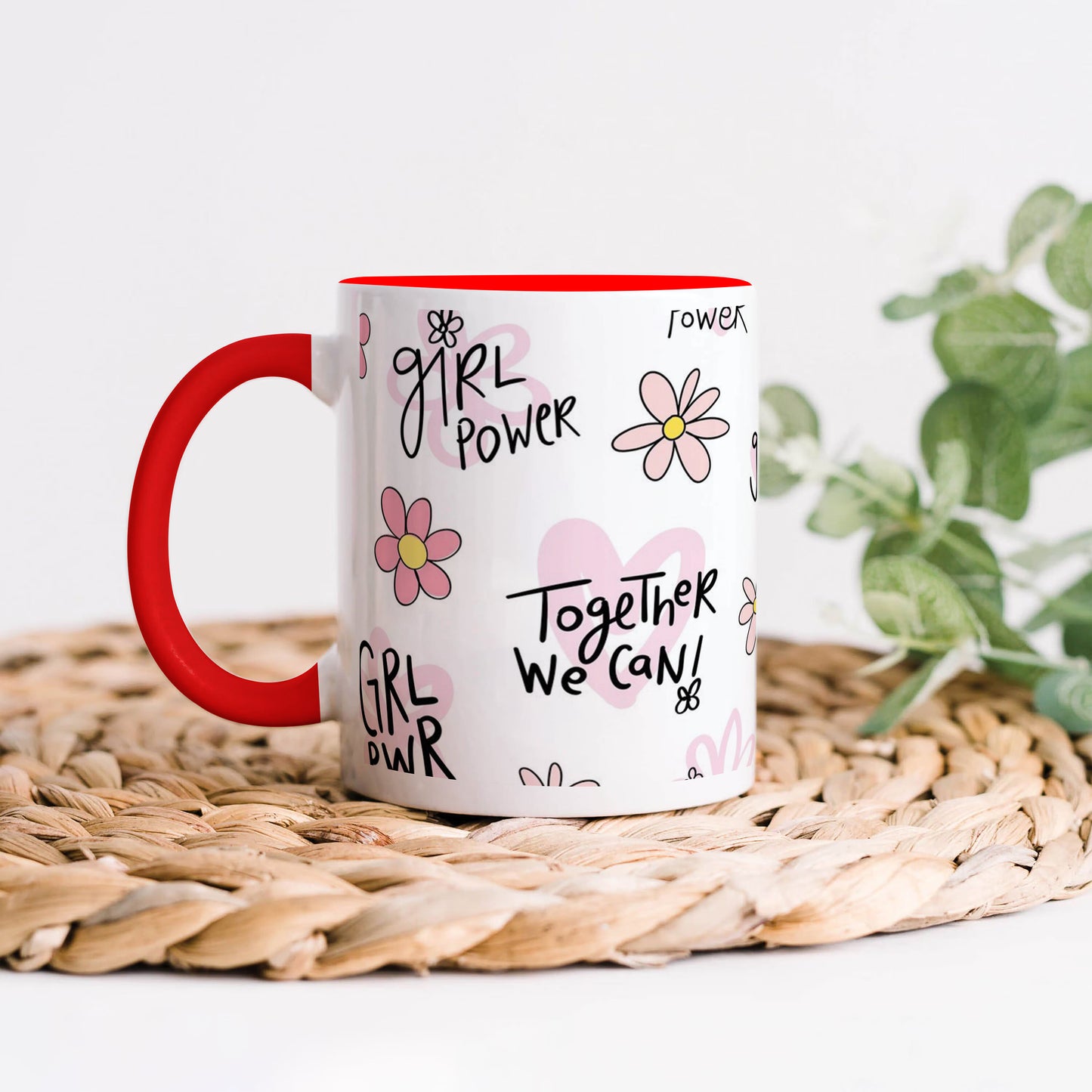 Cute pink flower and heart drawings. Seamless pattern  Red Handle 330 ml Coffee Mug