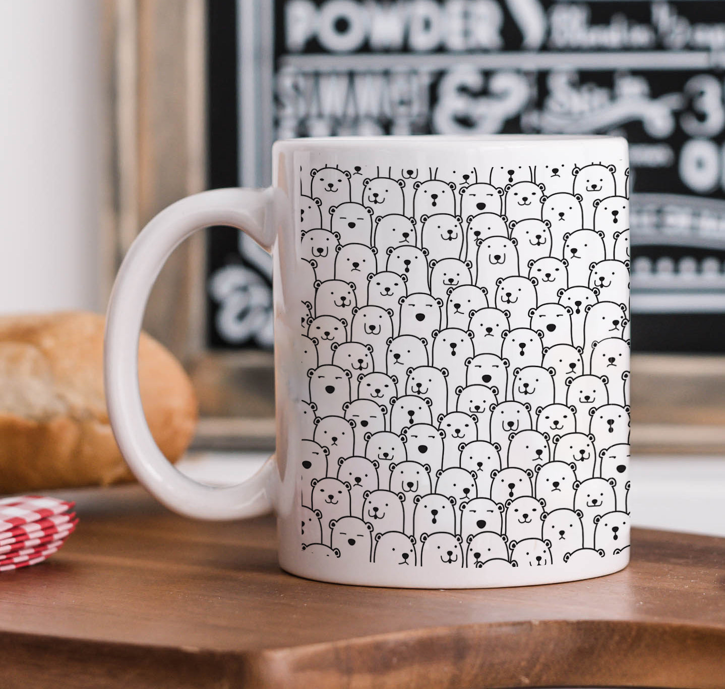 Black in white bear Doodle hand drawn pattern White 330 ml Coffee Mug