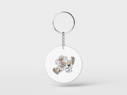 Gear 5 Luffy from One Piece Printed Circle Shape Wooden Keyring with Chain