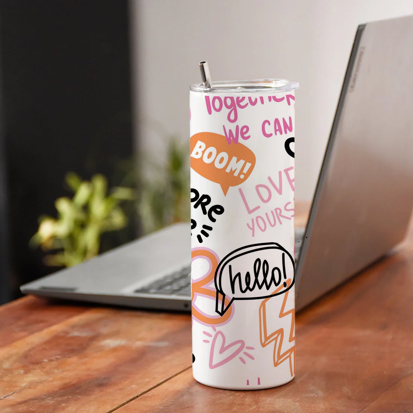 Fashion abstract seamless pattern with graffiti words Printed 750ML with Lid Leak Proof Travel Tumbler with Straw