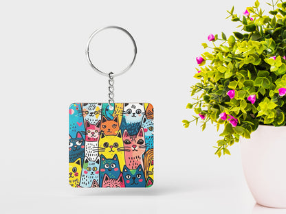 Colorful cat doodle art Printed Square Shape Wooden Keyring with Chain