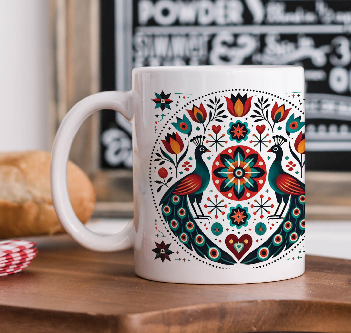 Pennsylvania Folk Art Pattern Printed 330 ml White Coffee Mug with Square Shape Wooden Keyring and Chain