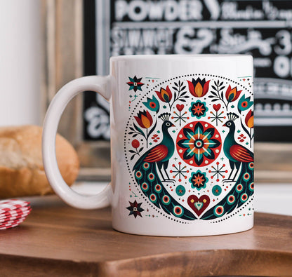 Pennsylvania Folk Art Pattern Printed 330 ml White Coffee Mug with Square Shape Wooden Keyring and Chain