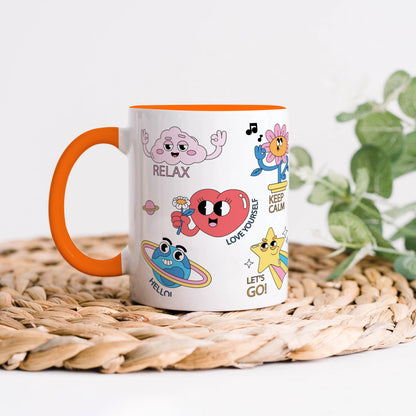 Hand drawn trendy cartoon badges design Orange Handle 330 ml Coffee Mug
