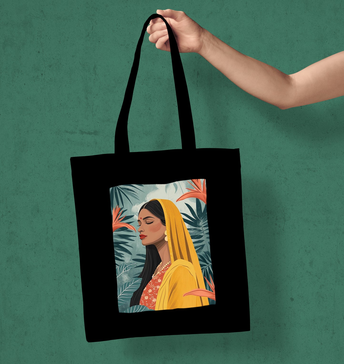Beautiful Indian women wearing yellow saree Design Printed Black Patch With Pocket Tote Bag (14 X 16 Inches) For Shopping, College, Travel
