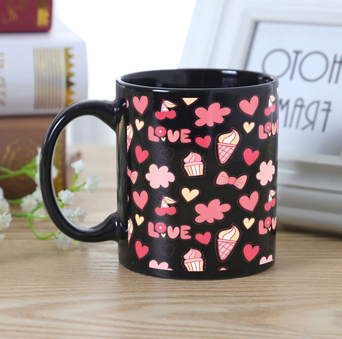 Retro pattern of decorative love elements design Full Black 330 ml Coffee Mug