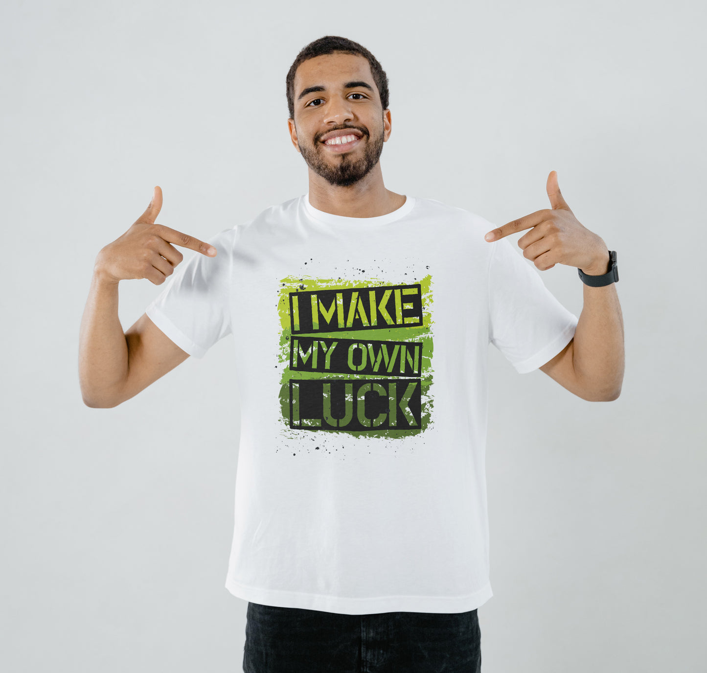 I make my own luck text design Printed White Round Neck Polyester T Shirt for Mens and woman's