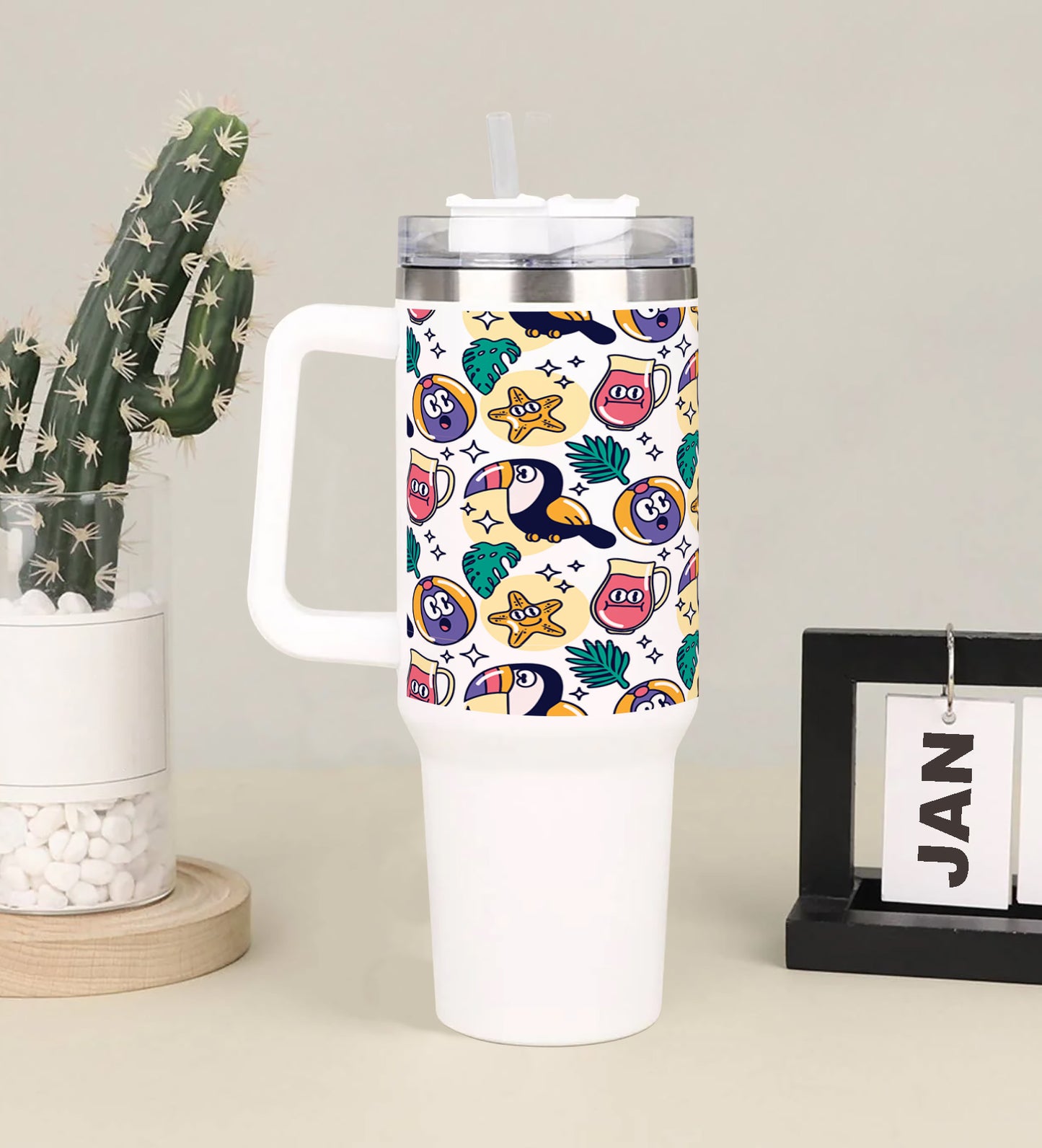 Flat summer pattern design Printed 850ML with Lid Leak Proof Big Travel Tumbler with Handle and Straw