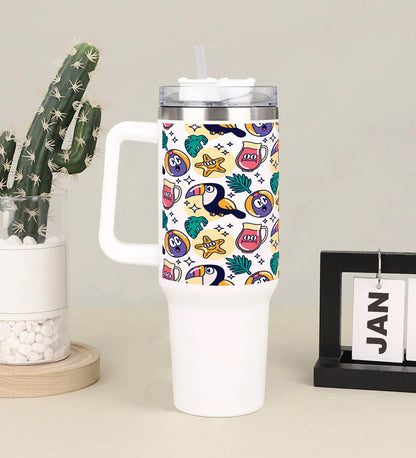 Flat summer pattern design Printed 850ML with Lid Leak Proof Big Travel Tumbler with Handle and Straw