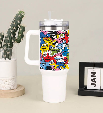 Hand drawn doodle pattern abstract design Printed 850ML with Lid Leak Proof  Big Travel Tumbler with Handle and Straw