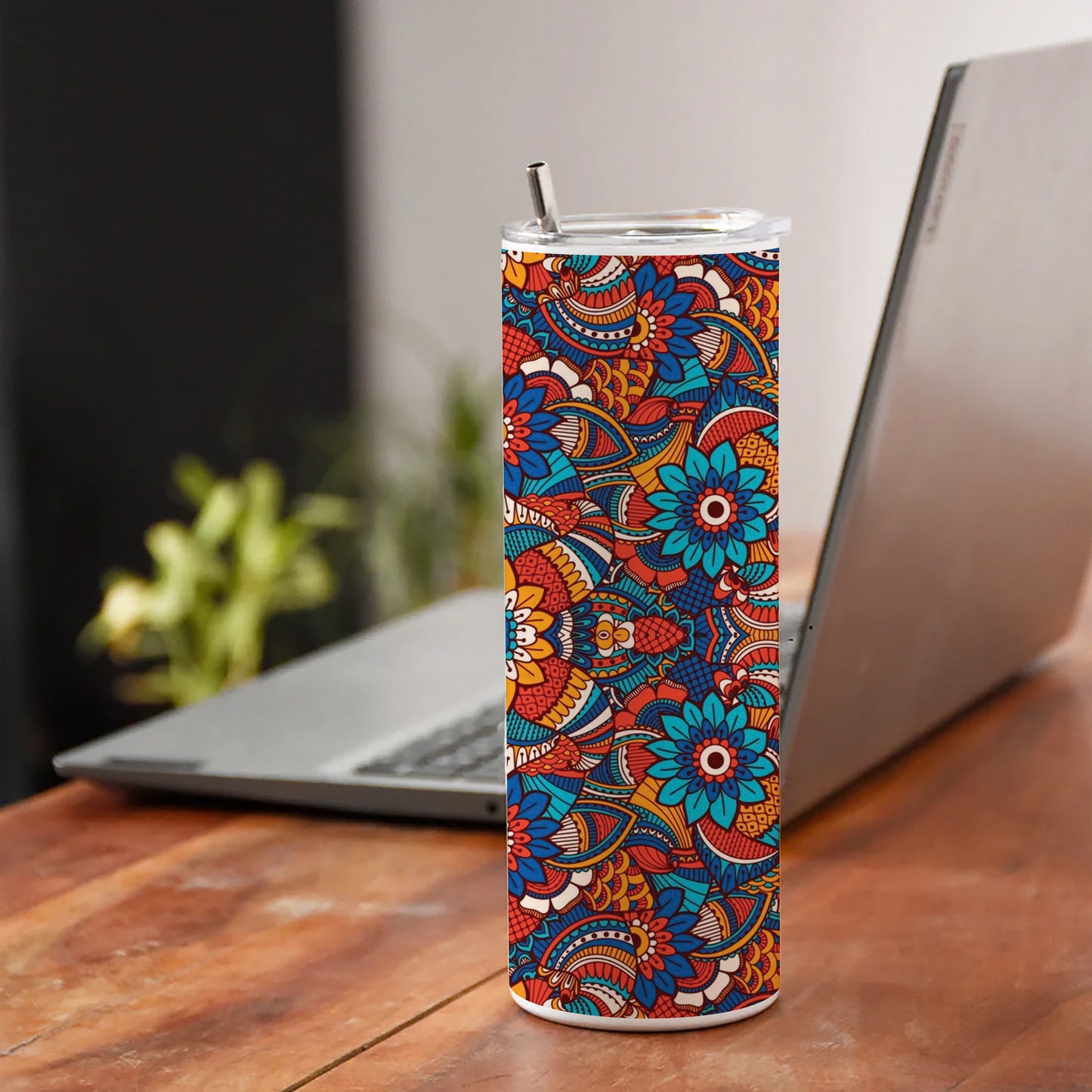 Hand drawn floral elements colorful ethnic seamless pattern Printed 750ML with Lid Leak Proof Travel Tumbler with Straw