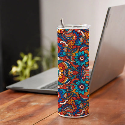 Hand drawn floral elements colorful ethnic seamless pattern Printed 750ML with Lid Leak Proof Travel Tumbler with Straw