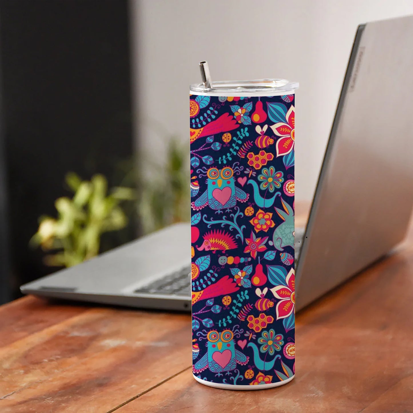 Owl, rabbit, butterfly, hedgehog Forest seamless pattern Printed 750ML with Lid Leak Proof Travel Tumbler with Straw