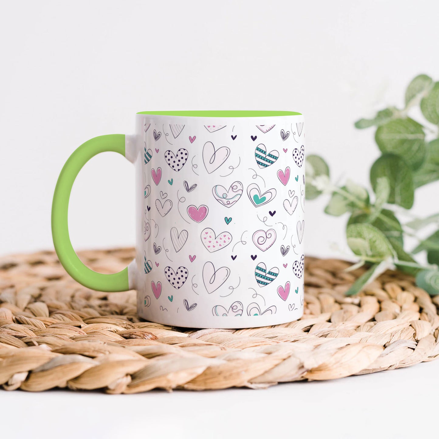 Pretty hearts pattern design Light Green Handle 330 ml Coffee Mug