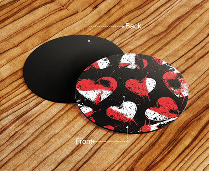Red and White Stamped Hearts Pattern Combo Mugs and Coaster(Set of 2 Mugs and 2 coasters) 330 ml Full Black Coffee Mug
