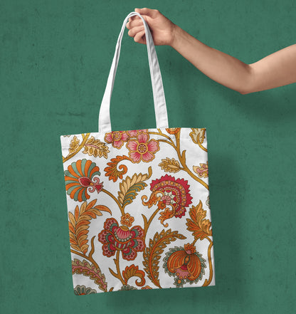 Floral art Printed Design White Tote Bag (14 X 16 Inches) For Shopping, College, Travel