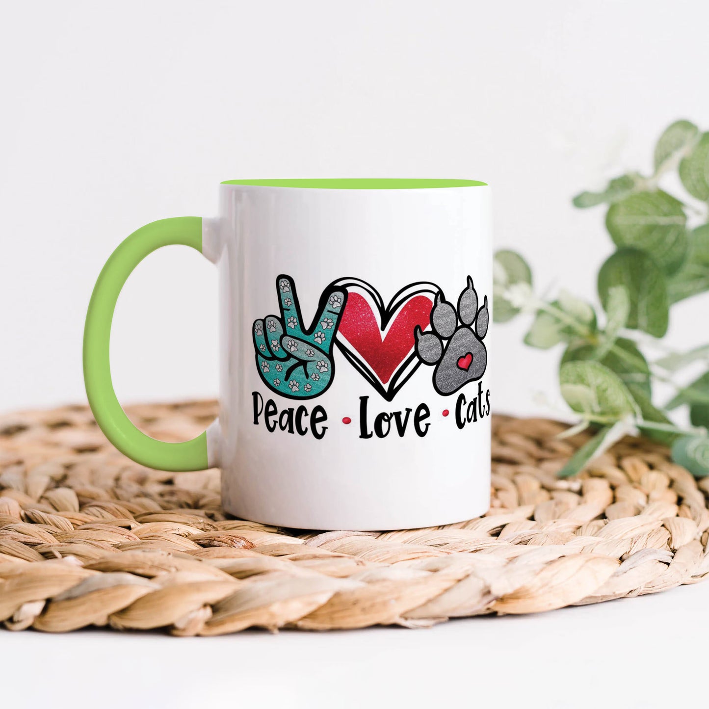 Peace Love cats design Light Green Handle 330 ml Coffee Mug