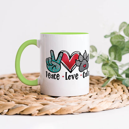 Peace Love cats design Light Green Handle 330 ml Coffee Mug