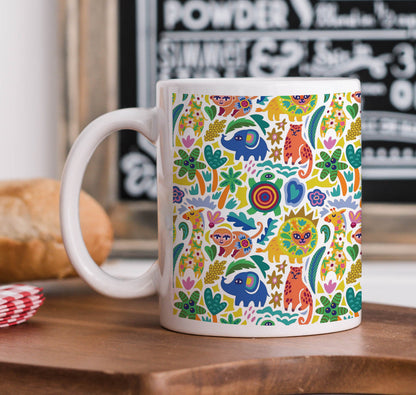Seamless African Animals Pattern Printed 330 ml White Coffee Mug with Square Shape Wooden Keyring and Chain