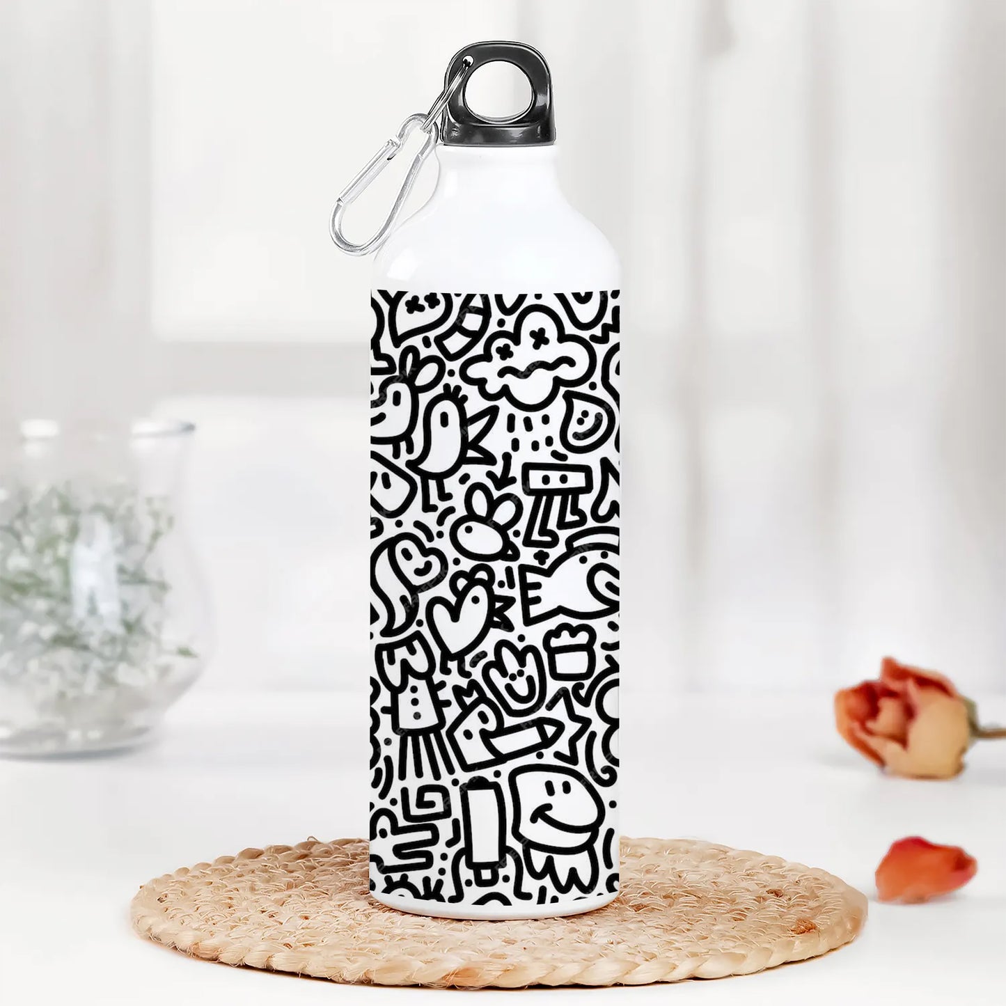 Black in white doodle art Printed Normal Sipper Water Bottle 750 ml For Gym, Yoga, Kids, Boys, Girls, Brother, Sister, Babies, Baby, Workout, Adults