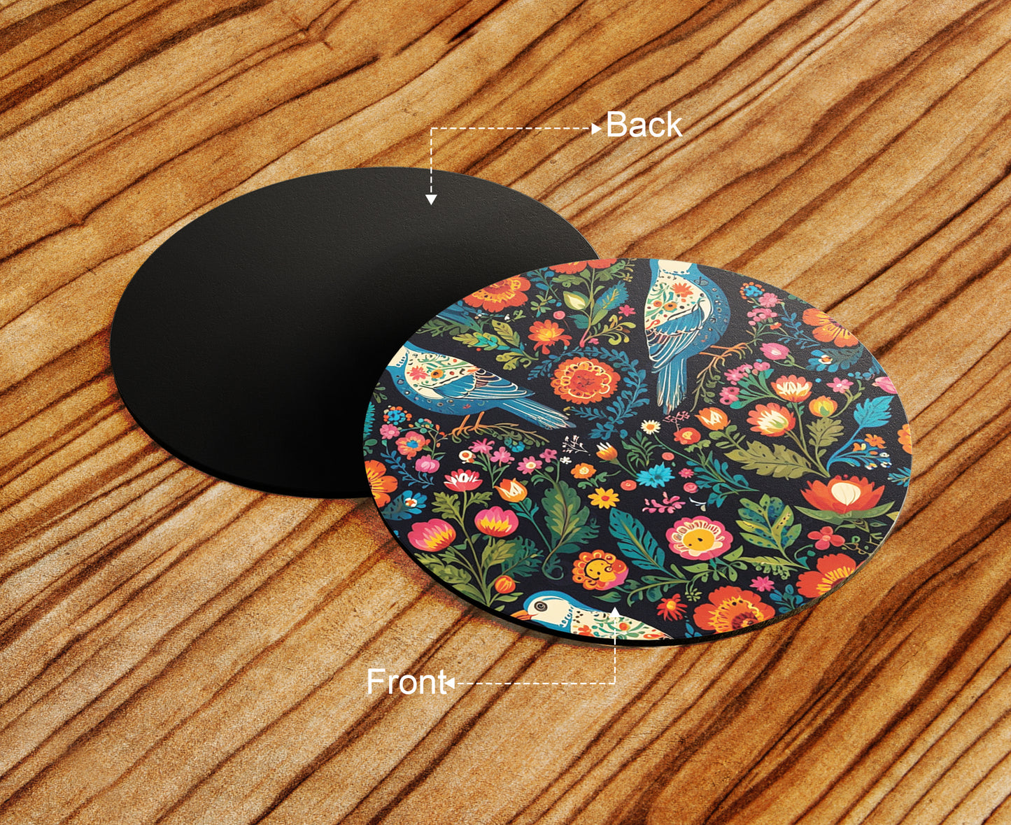 Birds and Flowers Folk Pattern Combo Mugs and Coaster(Set of 2 Mugs and 2 coasters) 330 ml Full Black Coffee Mug