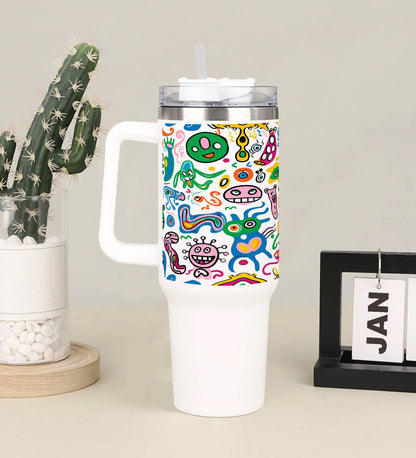 A colorful doodle art with many different colored monsters Printed 850ML with Lid Leak Proof Big Travel Tumbler with Handle and Straw