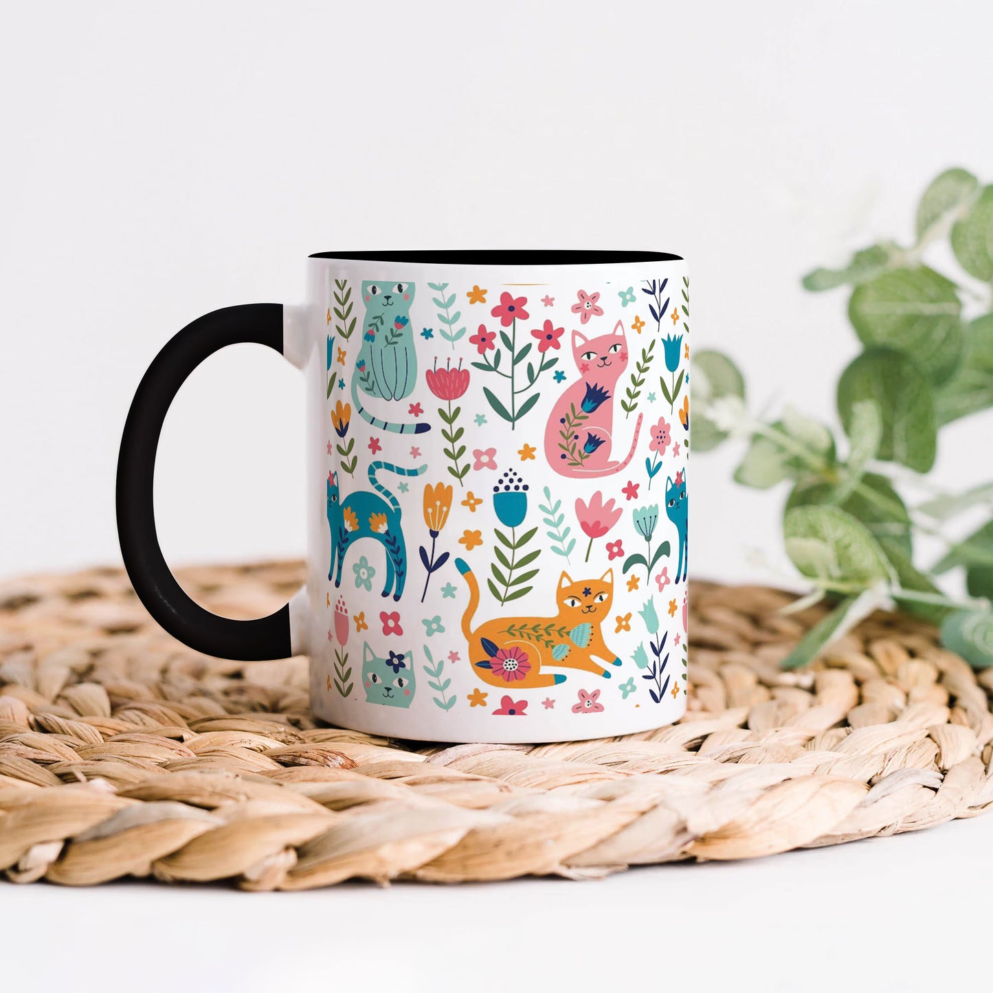 Vector seamless pattern with flowers and cats Cute Flower Cats in cartoon style  330 ml Coffee Mug