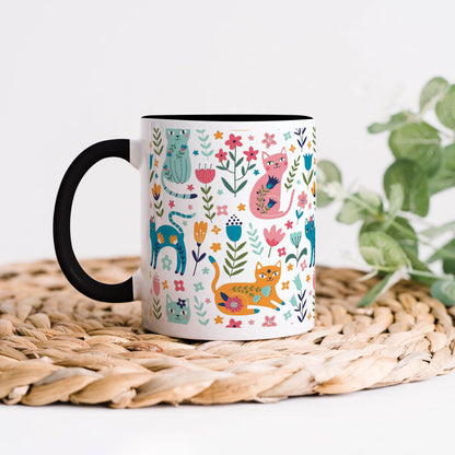 Vector seamless pattern with flowers and cats Cute Flower Cats in cartoon style  330 ml Coffee Mug