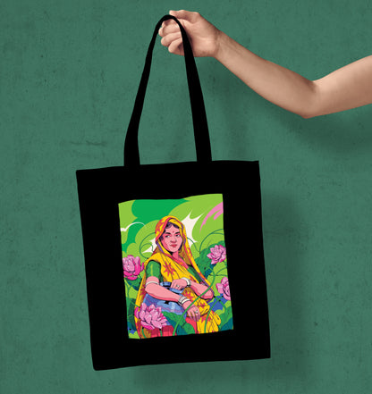 Vibrant Digital illustrations Design Printed Black Patch With Pocket Tote Bag (14 X 16 Inches) For Shopping, College, Travel