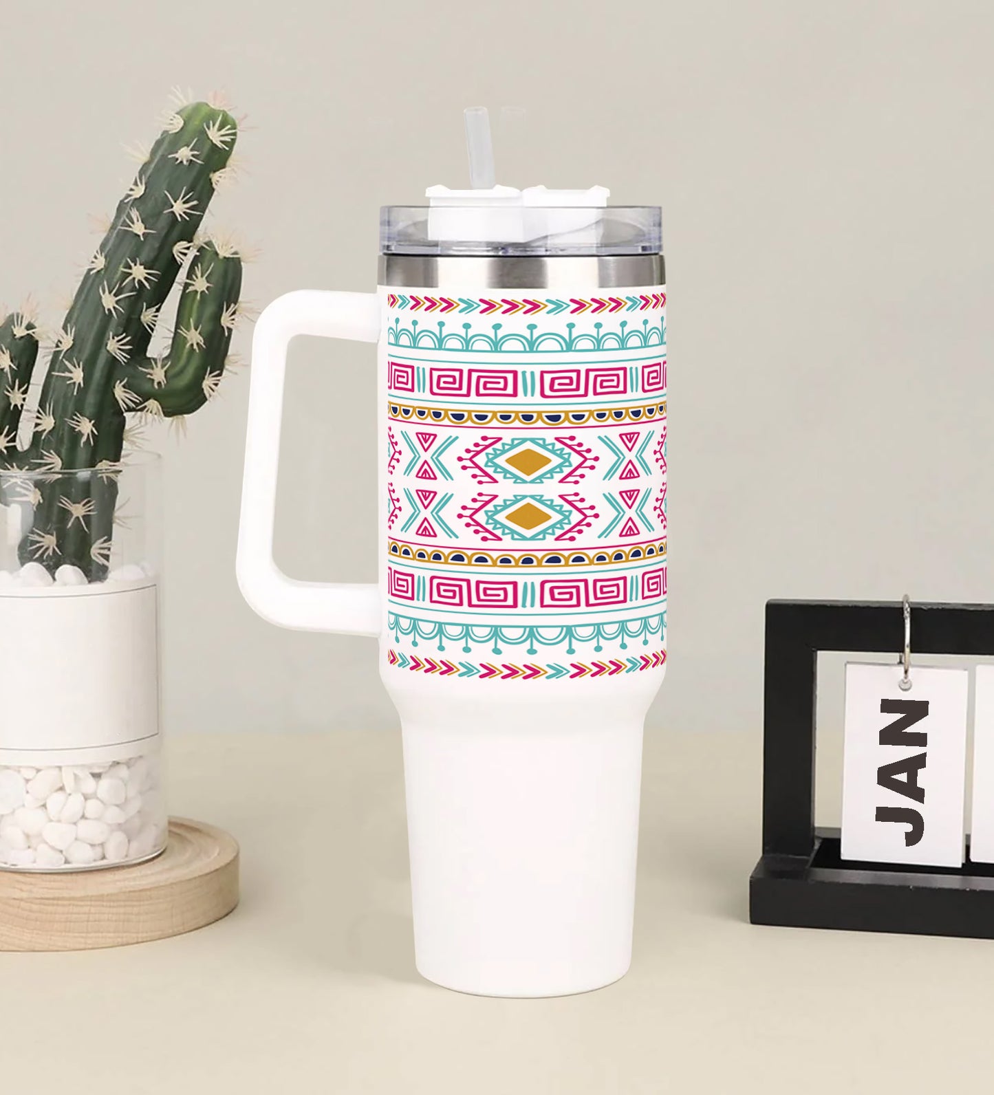 Vector tribal ethnic seamless pattern Printed 850ML with Lid Leak Proof Big Travel Tumbler with Handle and Straw