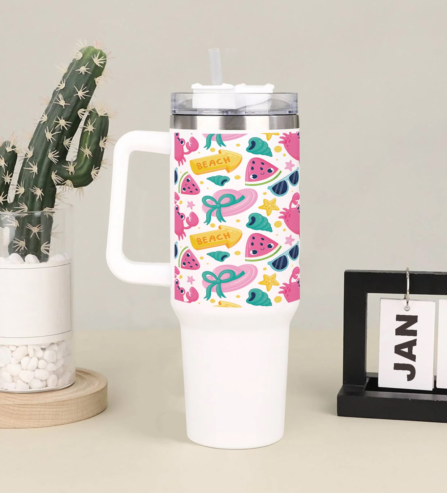 Hand drawn pattern design for summertime Printed 850ML with Lid Leak Proof Big Travel Tumbler with Handle and Straw