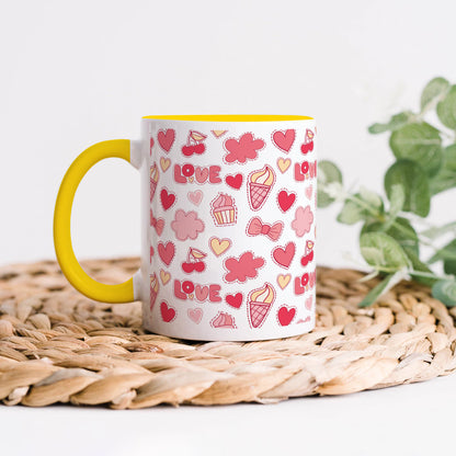 Retro pattern of decorative love elements design Yellow Handle 330 ml Coffee Mug