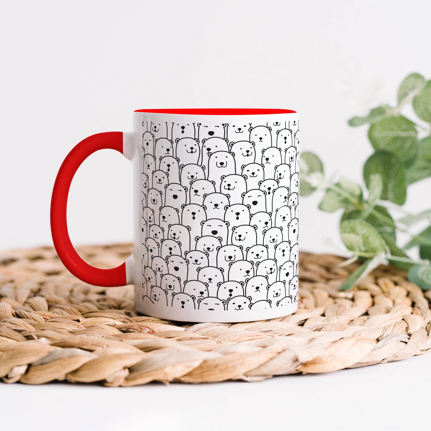 Black in white bear Doodle hand drawn pattern  Red Handle 330 ml Coffee Mug