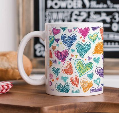 Seamless Doodle Hearts Pattern Mug and Keychain Combo 330 ml Coffee Mug