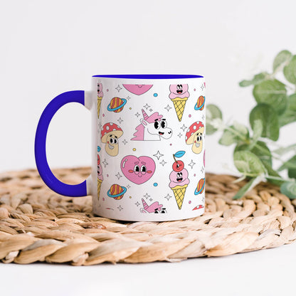 Hand drawn flat trendy cartoon patternDark Blue Handle 330 ml Coffee Mug