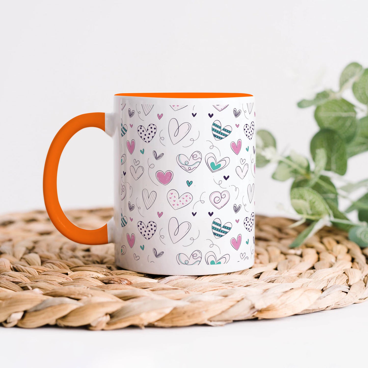 Pretty hearts pattern design Orange Handle 330 ml Coffee Mug