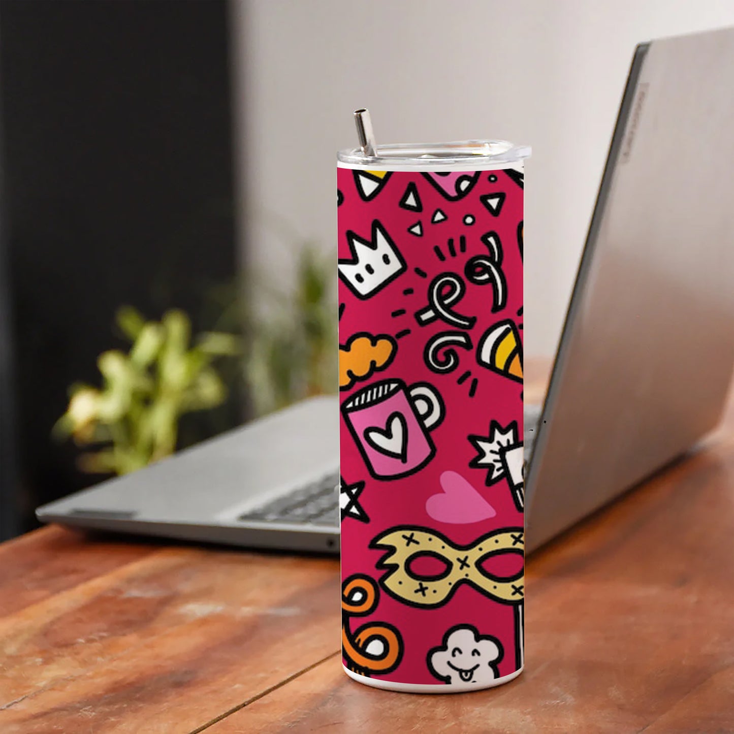 Set of Party illustration Hand drawn doodle Sketch line Printed 750ML with Lid Leak Proof Travel Tumbler with Straw