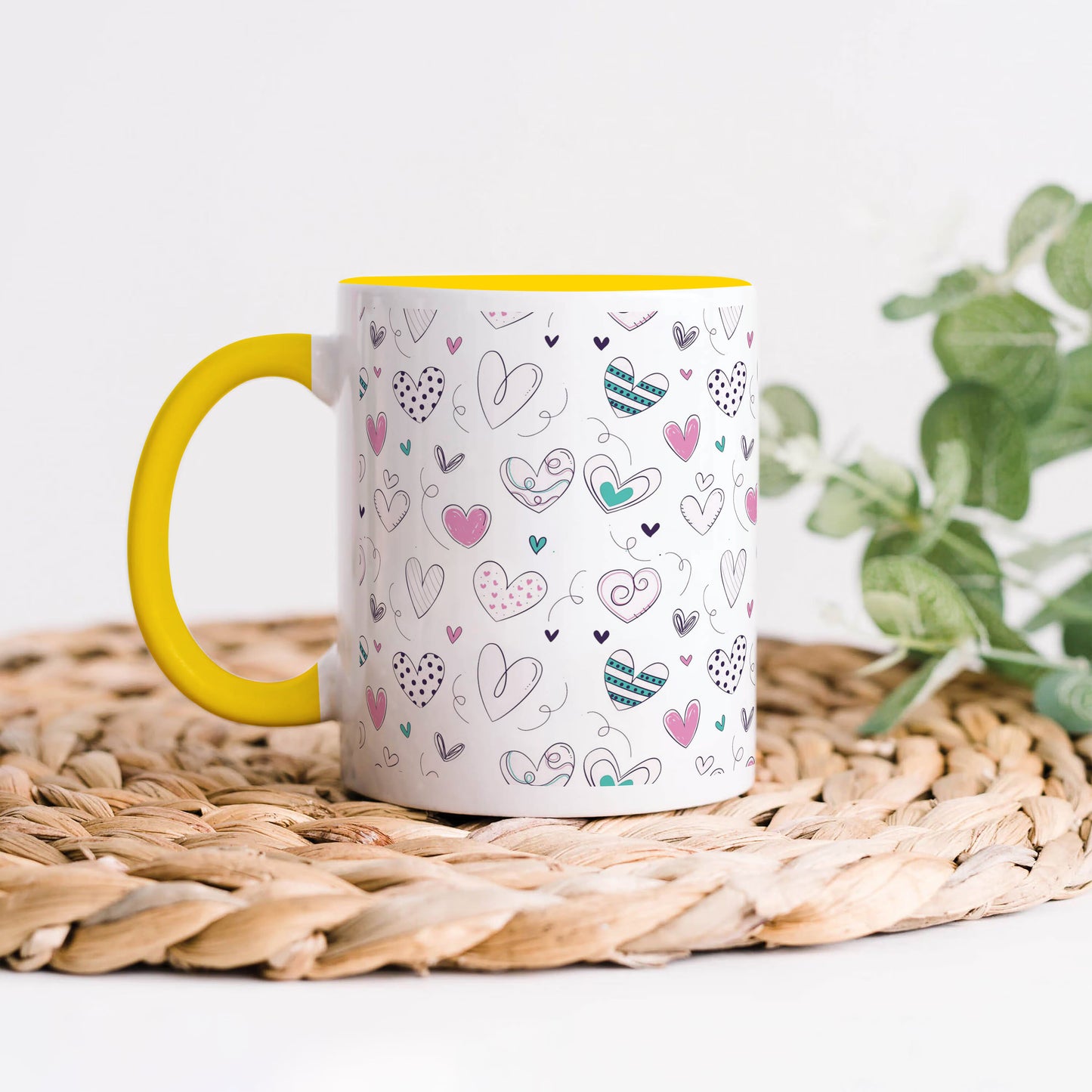 Pretty hearts pattern design Yellow Handle 330 ml Coffee Mug