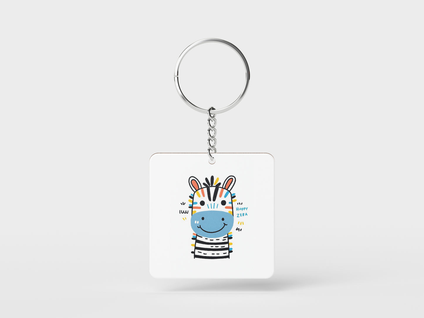 Colorful Standing Zebra Printed Square Shape Wooden Keyring with Chain