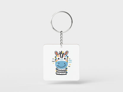 Colorful Standing Zebra Printed Square Shape Wooden Keyring with Chain