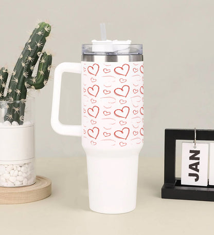 Sketchy hearts pattern Printed 850ML with Lid Leak Proof Big Travel Tumbler with Handle and Straw