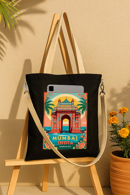 Mumbai India Printed Women's Girls Cross Body Sling Bag with Extra Front Pocket, College Bag for Girls, Tote Bag for Shopping,Travel