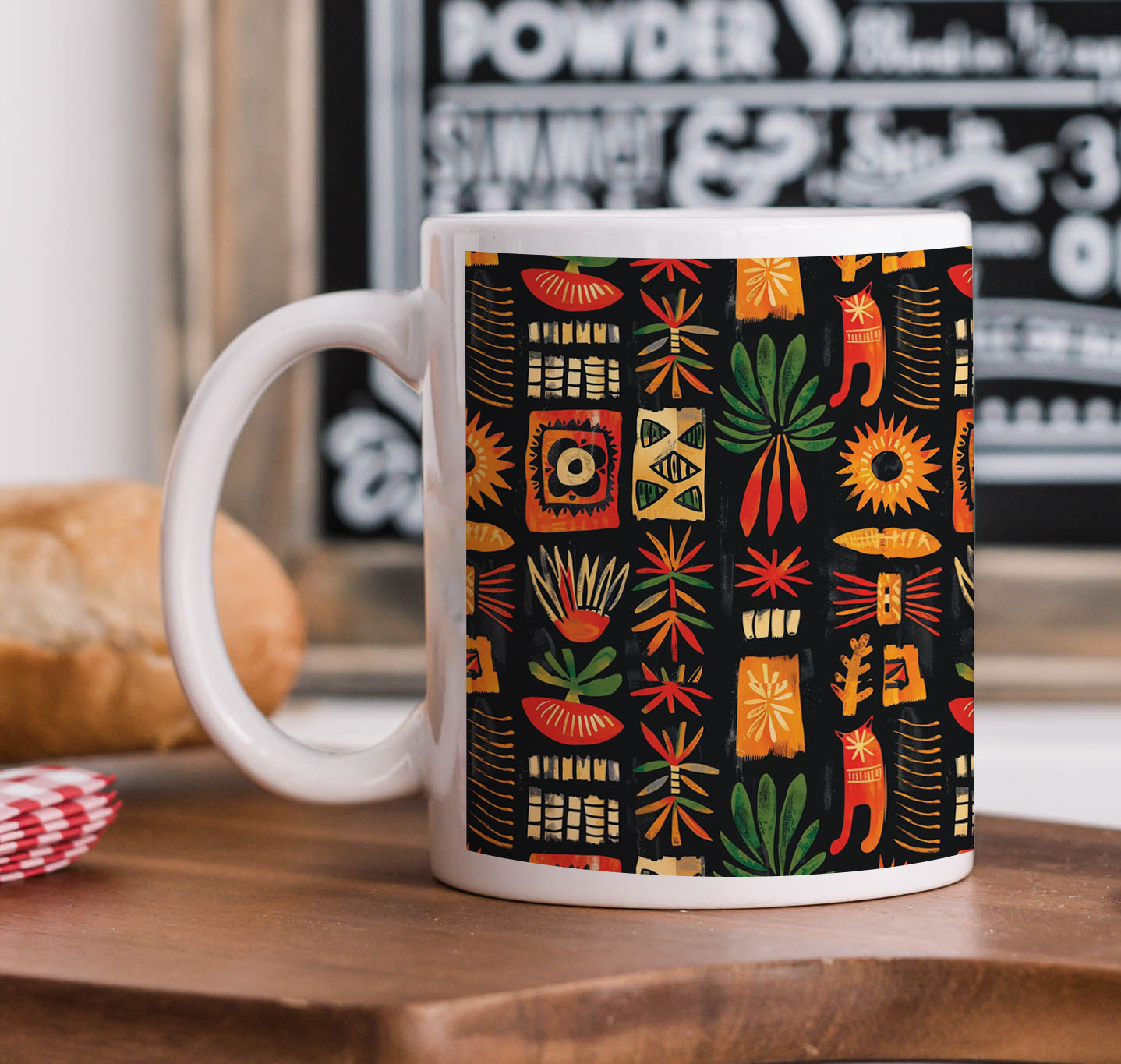 African Tribal Pattern Printed 330 ml White Coffee Mug with Square Shape Wooden Keyring and Chain