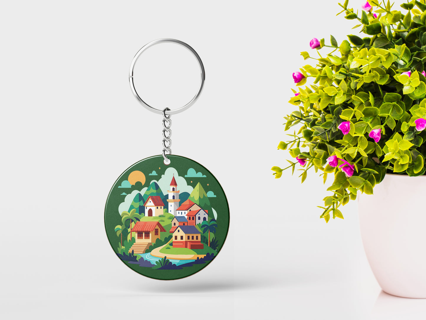 A Cartoon Illustration of a Fantasy Landscape with a Waterfall a Castle and a Mountain Printed Round Circle Shape Wooden Keyring with Chain