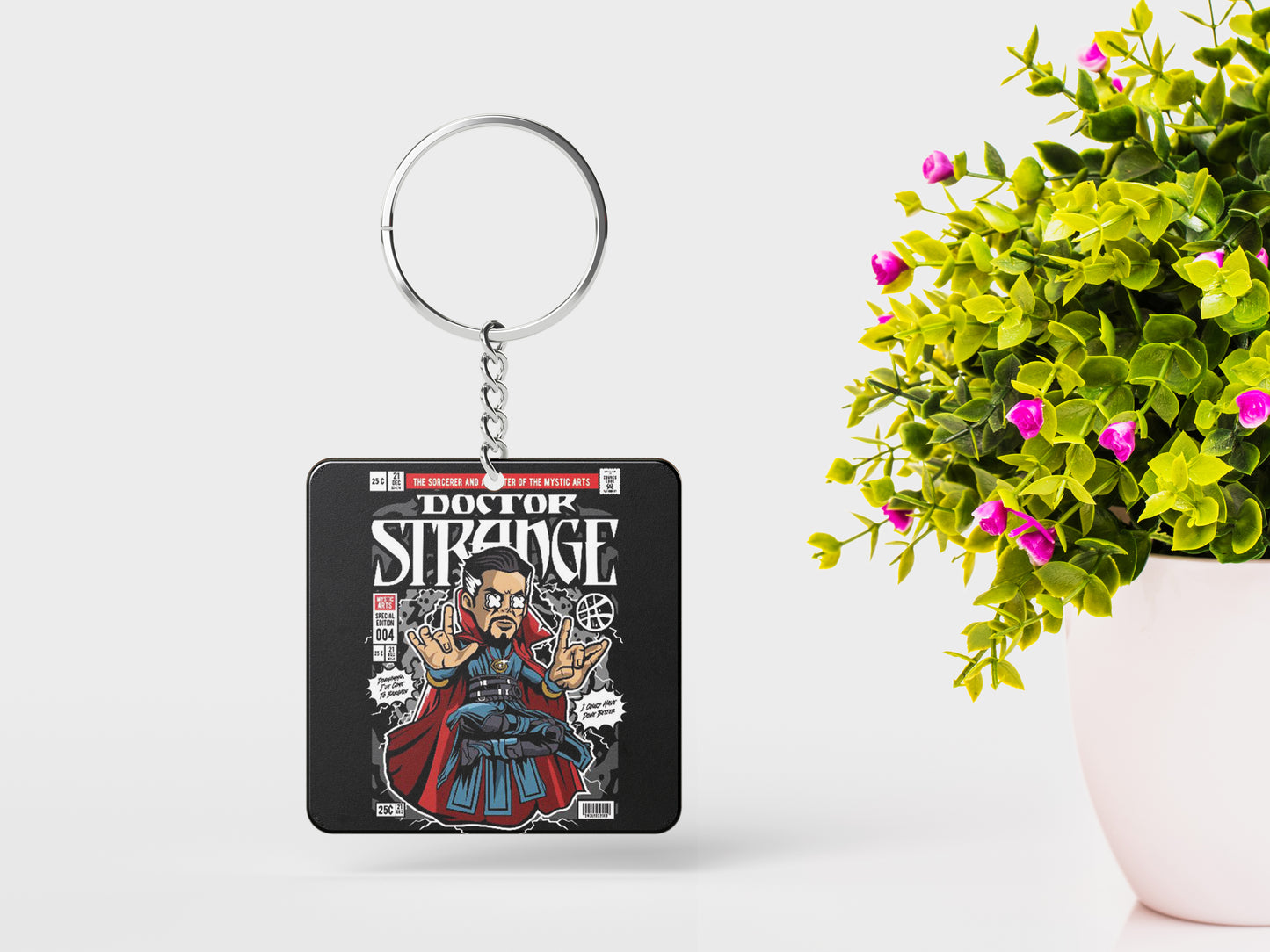 Pop art Dr Strange Printed Square Shape Wooden Keyring with Chain
