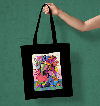 Modern illustration Art Design Printed Black Patch With Pocket Tote Bag (14 X 16 Inches) For Shopping, College, Travel