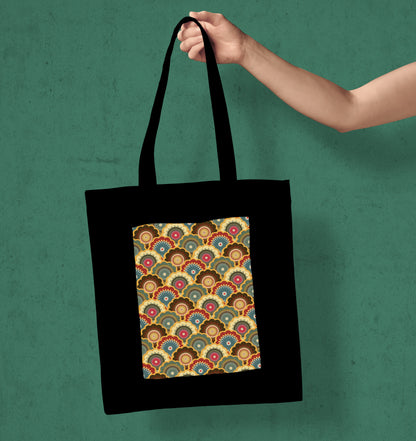 Colorful mandala seamless illustration Design Printed Black Patch With Pocket Tote Bag (14 X 16 Inches) For Shopping, College, Travel
