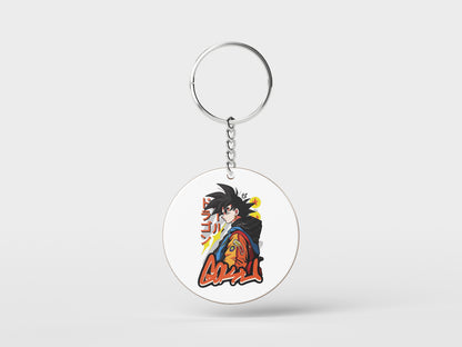 Goku streetwear Sticker Printed Circle Shape Wooden Keyring with Chain